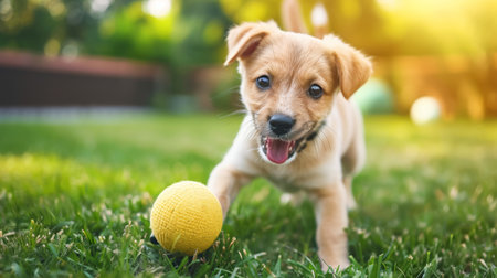 Close-up of a cheerful puppy playing with a ball in a lush green gardenの素材