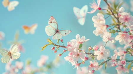 Spring background with close-up colorful butterflies fluttering around pink and white blossoming branches, joyful and livelyの素材