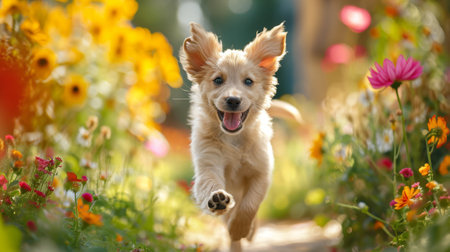 A happy puppy frolicking in a sunny garden, surrounded by colorful flowers. Energetic and playful, capturing the joy of a young dogの素材