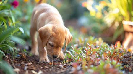 An adorable puppy exploring a garden, sniffing around plants and bushes, curious and happy. Soft natural light, peaceful garden setting, a sense of discoveryの素材