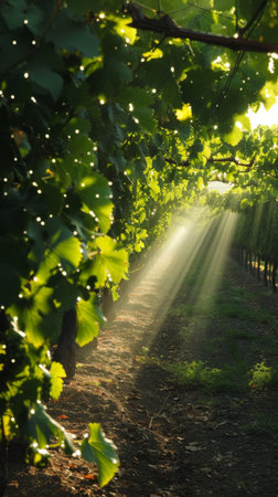 A side view of a sun-drenched vineyard, rays of light piercing through to reveal glistening dark grapes and lush foliage, background showing distant rows of vines in a soft hazeの素材