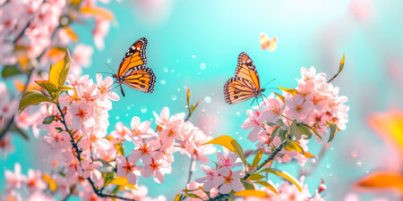 Close-up colorful butterflies fluttering around pink and white blossoming branches with dew water drops on flowers, spring backgroundの素材