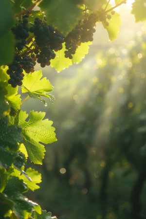 A side view of a sun-drenched vineyard, rays of light piercing through to reveal glistening dark grapes and lush foliage, background showing distant rows of vines in a soft hazeの素材