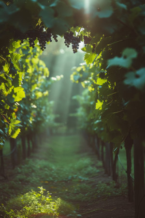 A side view of a sun-drenched vineyard, rays of light piercing through to reveal glistening dark grapes and lush foliage, background showing distant rows of vines in a soft hazeの素材