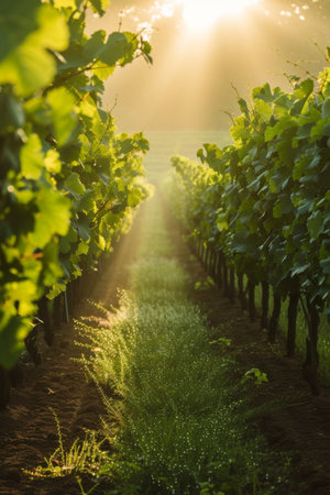 A side view of a sun-drenched vineyard, rays of light piercing through to reveal glistening dark grapes and lush foliage, background showing distant rows of vines in a soft hazeの素材