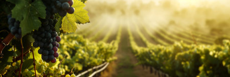 A side view of a sun-drenched vineyard, rays of light piercing through to reveal glistening dark grapes and lush foliage, background showing distant rows of vines in a soft hazeの素材