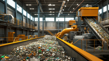 A modern ecological waste processing plant, with advanced machinery sorting recyclablesの素材