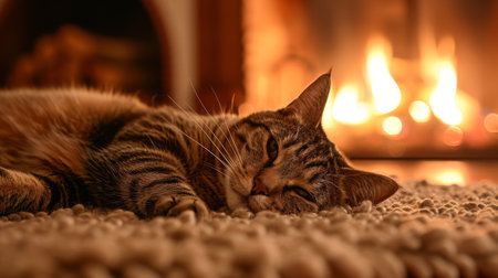 Contented cat lying on a plush rug in front of a fireplace, warm and inviting home atmosphere. Soft lighting, a sense of serenity and home comfortの素材