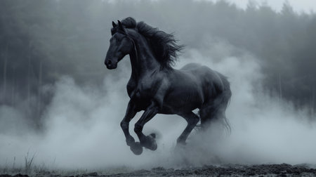 A black stallion rearing in a dramatic misty backdrop, smoke, embodying equine power, epic lightの素材