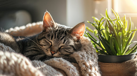 Close-up of a serene cat napping in a sunny window nook of a home, soft blanket and a potted plant beside it. Gentle sunlight, peaceful expressionの素材