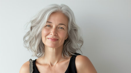 A sophisticated elderly woman with silver-gray hair, smiling confidently, against a minimalist light background. Elegant and timeless beautyの素材