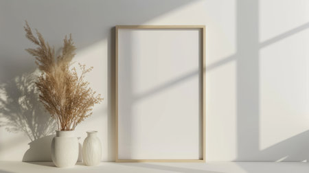 Blank photo frame mockup on a white wall with lights and shadows. Soft natural lighting, minimalist decor, dried plantsの素材
