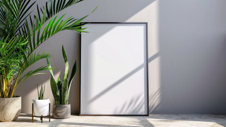 Blank photo frame mockup on a gray wall with light and shadows. Soft natural lighting, minimalist decor, green house plantsの素材