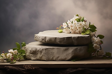 Serene Still Life with Flowers on Stone Pedestal. Elegant blossoms draped over layered stones in a tranquil compositionの素材
