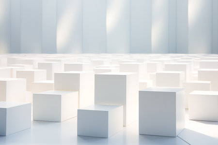 A serene array of geometric white cubes in a spacious environment, ideal for modern art installations or creative product showcasingの素材