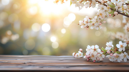 Spring background with white pink blossom and brown wooden table, light blurred background, soft lightの素材