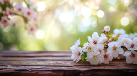 White and pink cherry blossoms on a brown table against a light-diffused backdropの素材