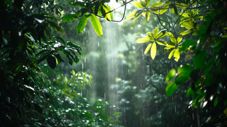 Gentle rain shower in a dense forest with sunlight filtering through the canopy, highlighting the vibrant greeneryの素材
