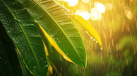 a tropical rain, close-up of green leaves with raindrops, sun rays filtering through, creating a soft, warm glow, gentle and tranquil ambiance, soothing backgroundの素材