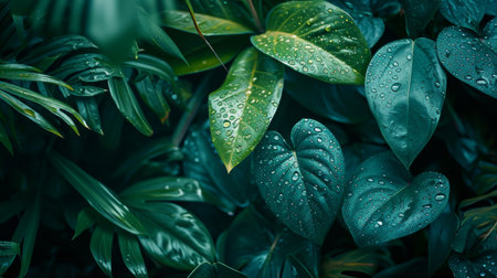 Lush green leaves dotted with fresh dew, the essence of tranquility in a tropical settingの素材