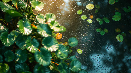 An overhead view of a tropical garden during rainfall, leaves glistening with raindrops, sunlight creating a mosaic of light and shade, evoking a serene and comforting moodの素材