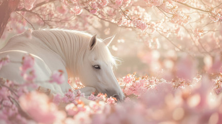 a white horse resting under a sakura tree, soft pink blossoms framing the scene, gentle sunlight filtering through, creating a peaceful, dreamy ambianceの素材