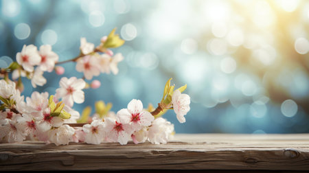 Spring background with white pink blossom and brown wooden table, light blurred background, soft lightの素材