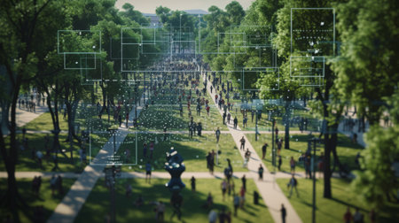 A public park under AI surveillance, with multiple cameras scanning the area and identifying faces among the crowd, emphasizing the scale of surveillanceの素材