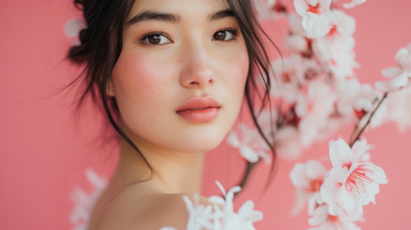 The bride, adorned in a white dress with pink floral accents, gazes directly at the camera against a pink backdropの素材