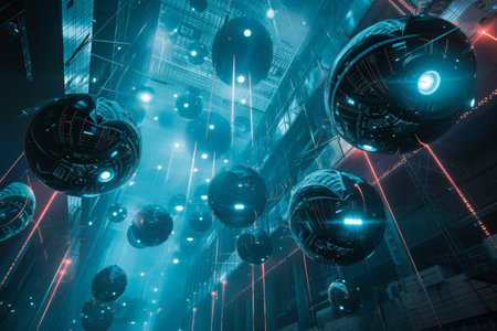 Abstract concept art of a dense AI surveillance system in a futuristic society, with a network of cameras equipped with advanced face recognition technologyの素材