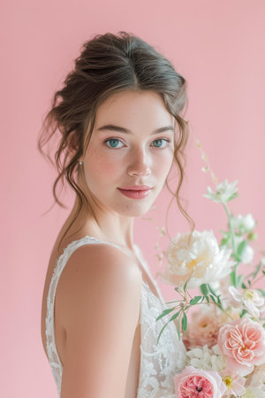 The bride, adorned in a white dress with pink floral accents, gazes directly at the camera against a pink backdropの素材
