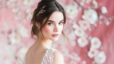 The bride, adorned in a white dress with pink floral accents, gazes directly at the camera against a pink backdropの素材