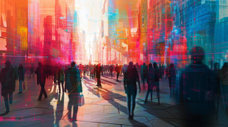 An artistic interpretation of a bustling city square under AI surveillance, faces being identified by advanced cameras, colorful and busy urban environmentの素材