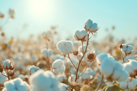 A cotton plant field, cotton balls, light blue sky, sunlit, light blurred backgroundの素材