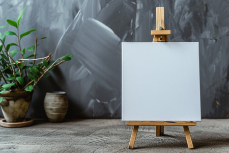 Blank canvas mockup on wooden easel in gray wall room, closeupの素材