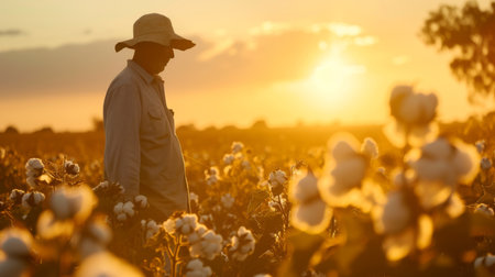 A lone worker inspecting cotton plants at dusk, dimming light, thoughtful expressionの素材