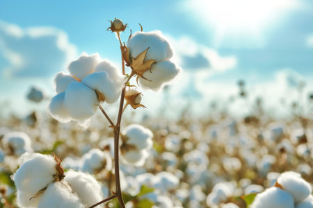 A cotton plant field, cotton balls, light blue sky, sunlit, light blurred backgroundの素材