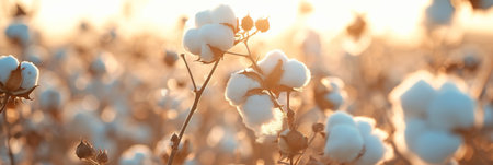 A cotton plant field, cotton balls, light blue sky, sunlit, light blurred backgroundの素材
