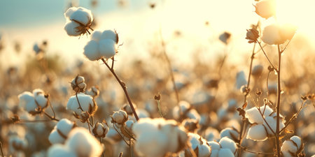 A cotton plant field, cotton balls, blue sky, sunlit, light blurred backgroundの素材