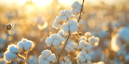 A cotton plant field, cotton balls, blue sky, sunlit, light blurred backgroundの素材