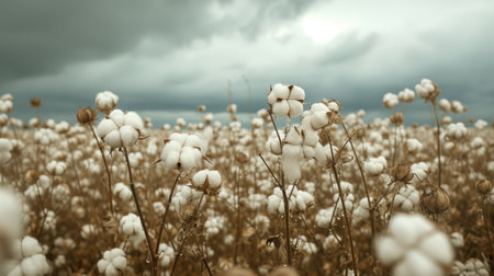 Rain glistens in a cotton field, adding a mystical glow to the delicate cotton bollsの素材