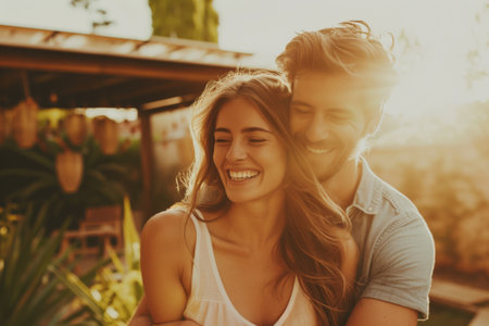 A young, happy couple, smiling, embracing each other, standing in front of their new home. A cozy, welcoming house with a small gardenの素材