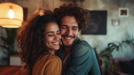 A close-up of a beaming young couple in a loving embrace, illuminated by the warm light of their modern city apartmentの素材
