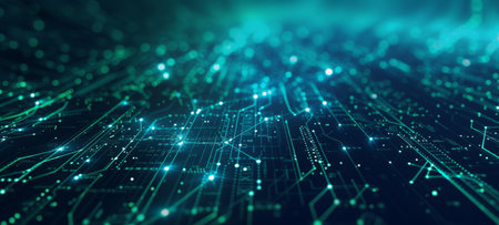 Blue and green glowing digital circuitry with nodes and lines forms a dynamic and futuristic techno landscapeの素材