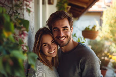 A young, happy couple, smiling, embracing each other, standing in front of their new home. A cozy, welcoming house with a small gardenの素材