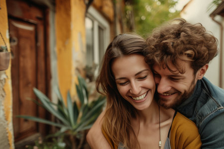 A young, happy couple, smiling, embracing each other, standing in front of their new home. A cozy, welcoming house with a small gardenの素材