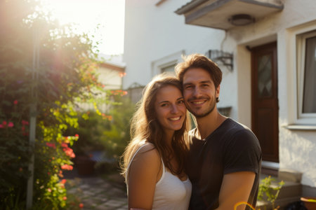 A young, happy couple, smiling, embracing each other, standing in front of their new home. A cozy, welcoming house with a small gardenの素材