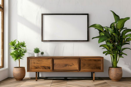 Blank photo frame mockup on white wall in an elegant interior with a wooden sideboard and potted plantsの素材