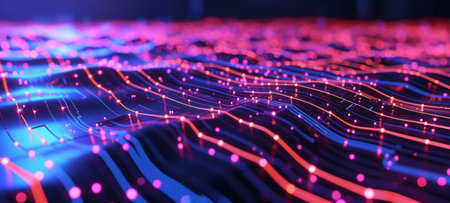 A dynamic view of purple and red glowing digital circuitry with nodes and lines, suggesting high-speed data transferの素材