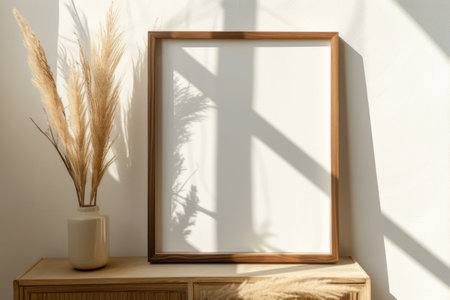 Photo frame mockup in a living room with soft light casting shadows on a white wall, adorned with wooden decor and dry grassの素材
